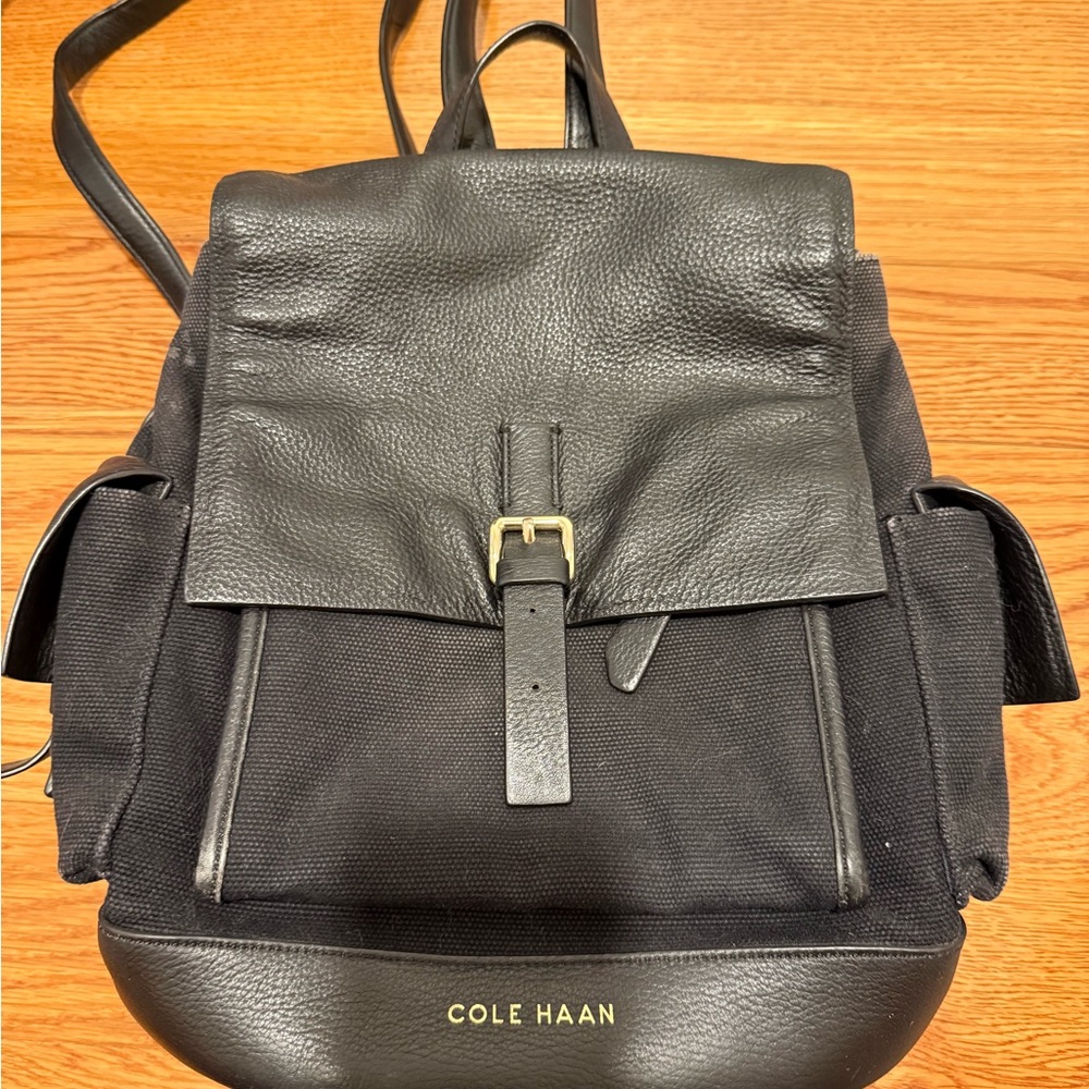 Cole Haan Black Leather and Canvas Backpack
